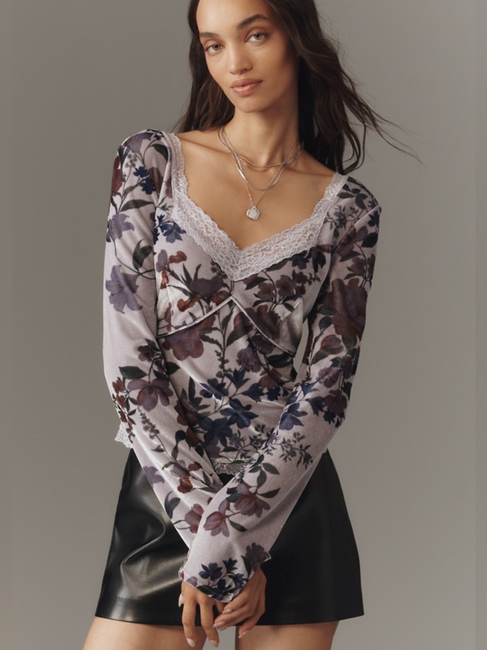 Anthropologie Velvet Lace V-Neck Top